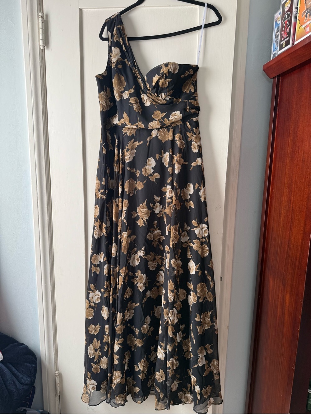Lulus One Shoulder Black Brown Floral Maxi Dress Slit NWT Wedding Guest Formal